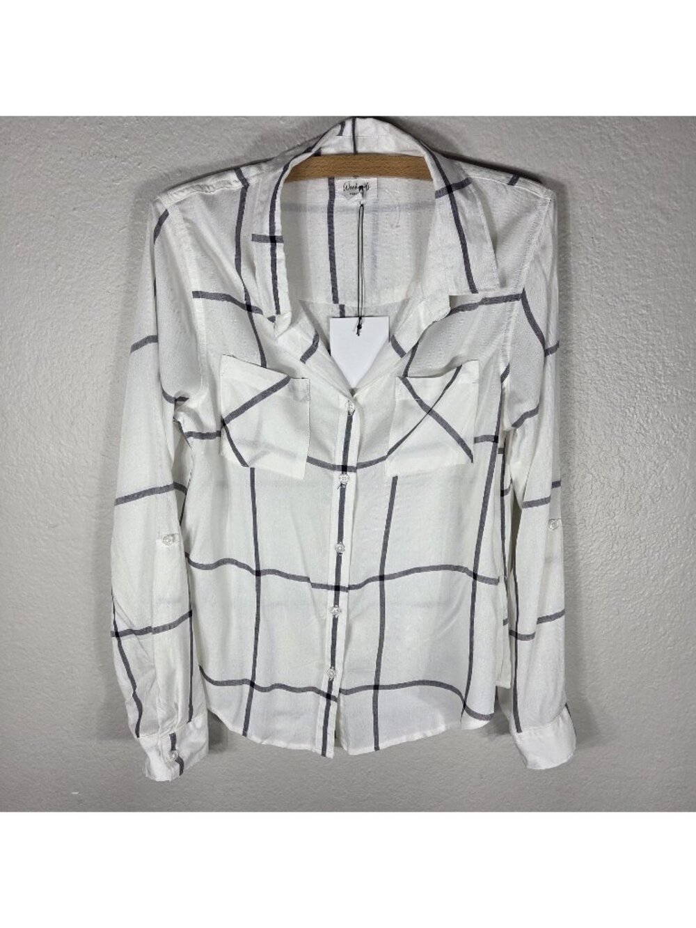 Weekends Everyday White Size M Plaid Button Up Blouse Roll Tab Sleeve V-Neck